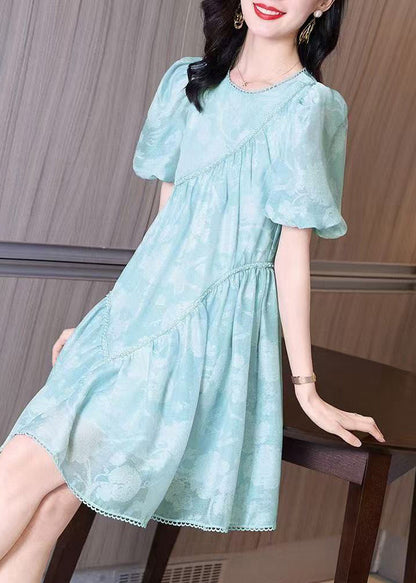 Light Blue O-neck Wrinkled Mid Dress Puff Sleeve