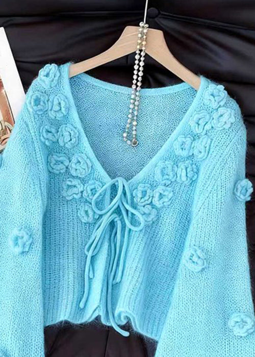 Light Blue Original Design Lace Up Knit Cardigan Fall