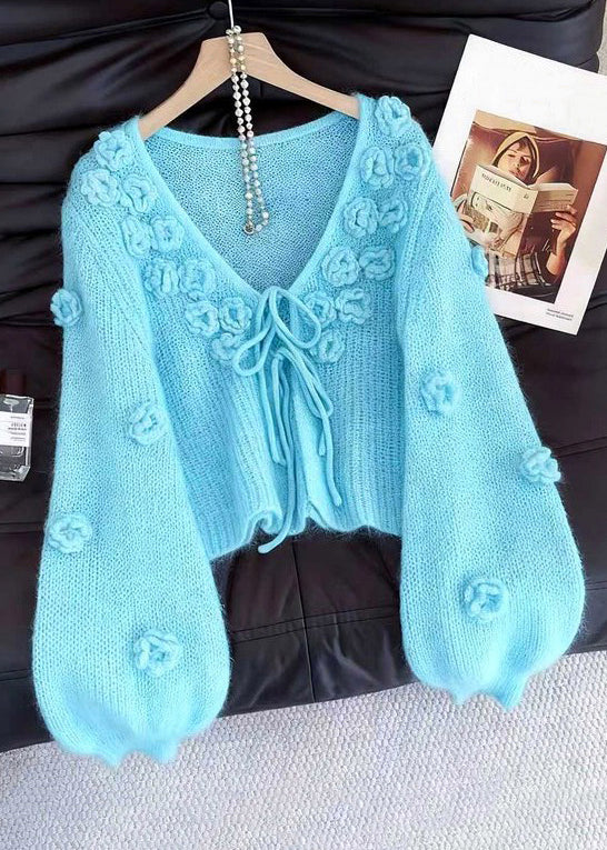 Light Blue Original Design Lace Up Knit Cardigan Fall