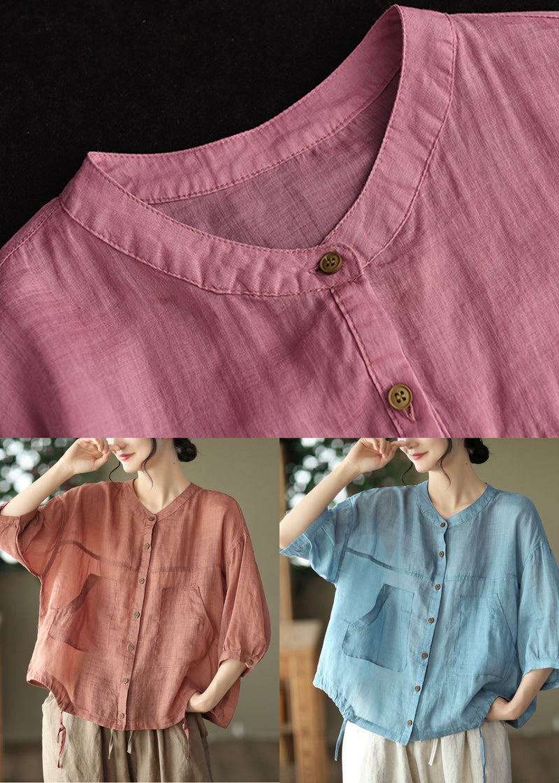 Light Blue Pockets Linen Shirt Tops Color Drawstring Bracelet Sleeve