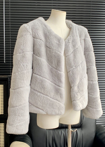 Light Blue Rabbit Hair Leather and Fur Coats Winter