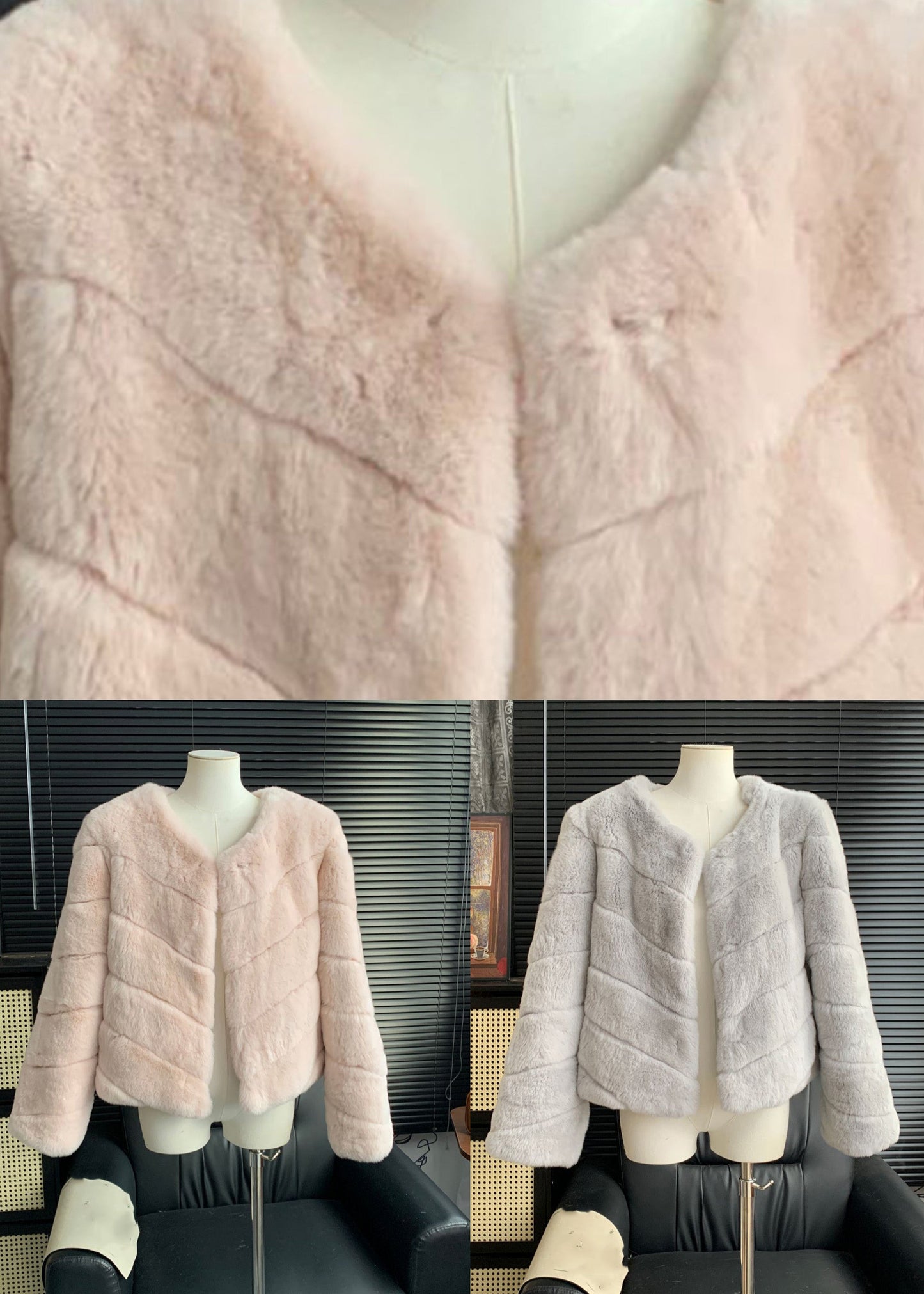 Light Blue Rabbit Hair Leather and Fur Coats Winter