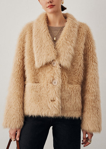 Light Camel Pockets Woolen Winter Coats V Neck