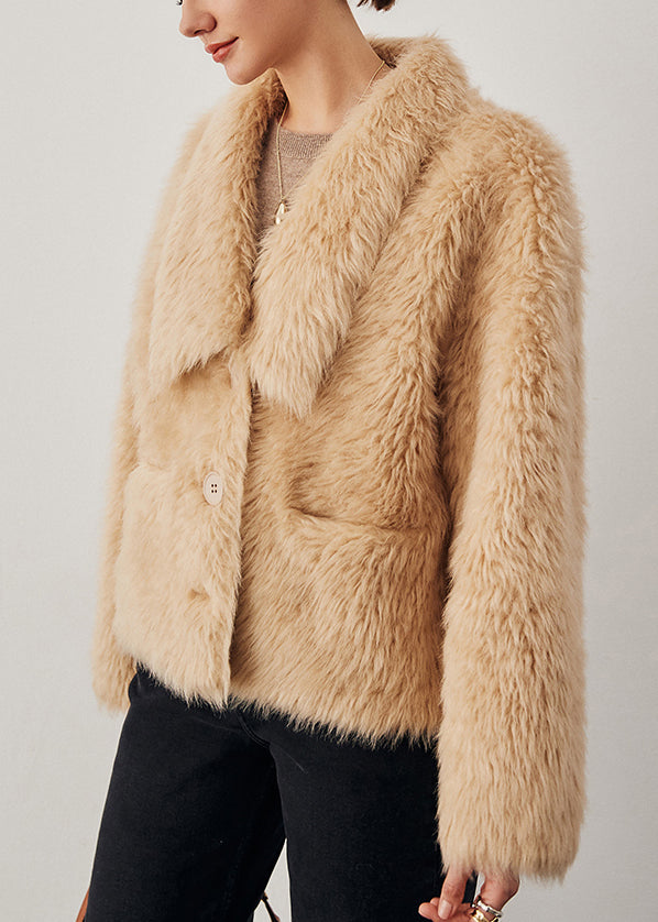 Light Camel Pockets Woolen Winter Coats V Neck