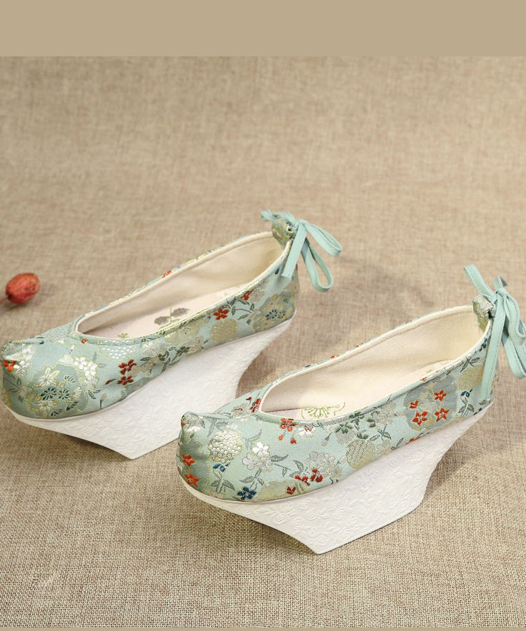 Light Green High Heels Platform Satin Fabric Embroideried Cross Strap High Heels