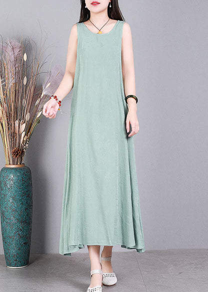 Light Green Jacquard Linen Vacation Strap Dress O-neck Sleeveless