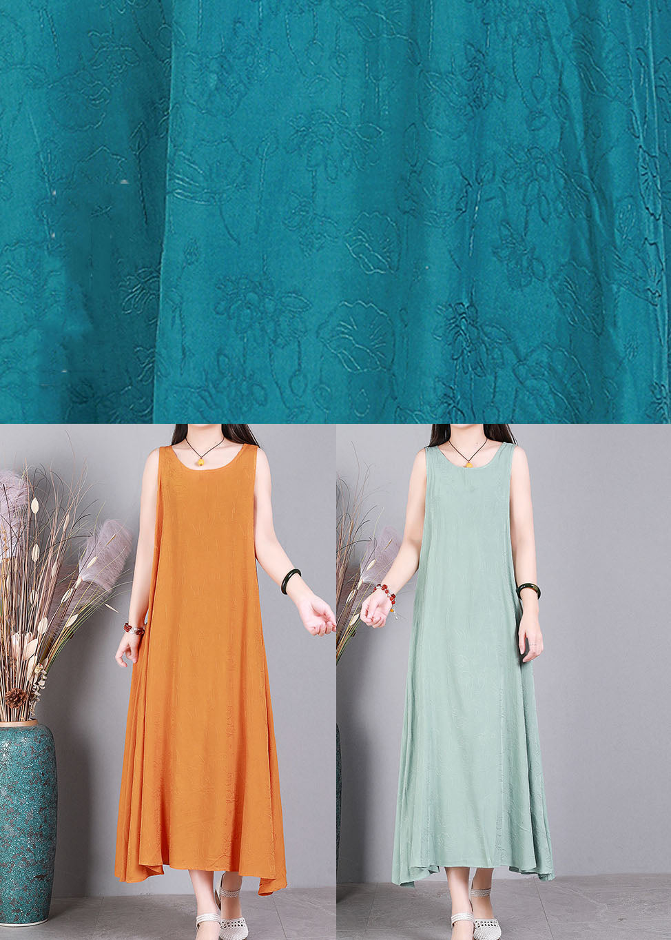 Light Green Jacquard Linen Vacation Strap Dress O-neck Sleeveless