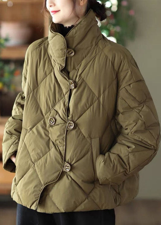 Light Green Loose Duck Down Jacket in Winter Stand Collar Button Winter