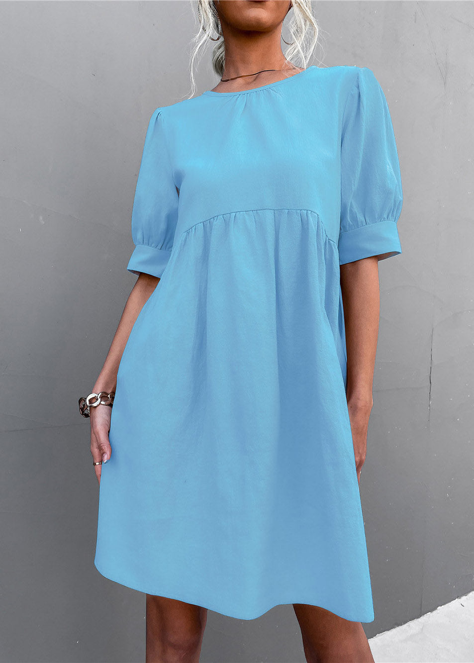 Light Green O-neck Wrinkled Long Dress Short Sleeve