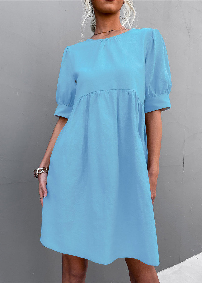 Light Green O-neck Wrinkled Long Dress Short Sleeve