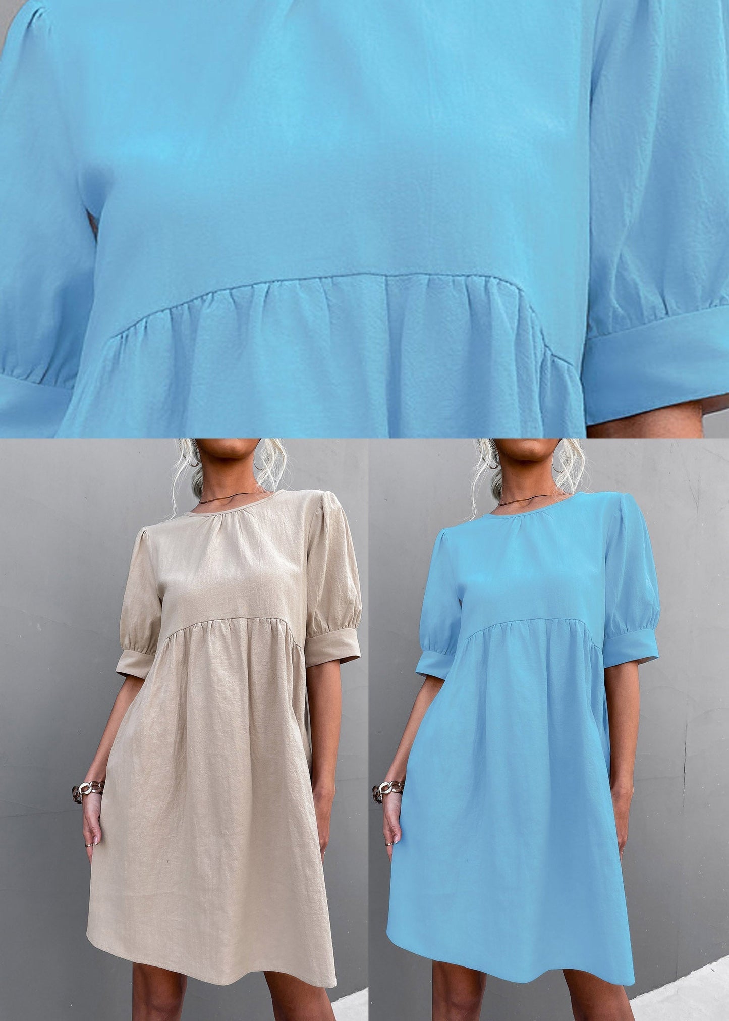 Light Green O-neck Wrinkled Long Dress Short Sleeve