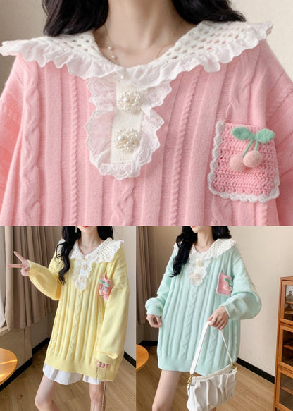 Light Green Patchwork Cotton Knit Sweater Long Sleeve