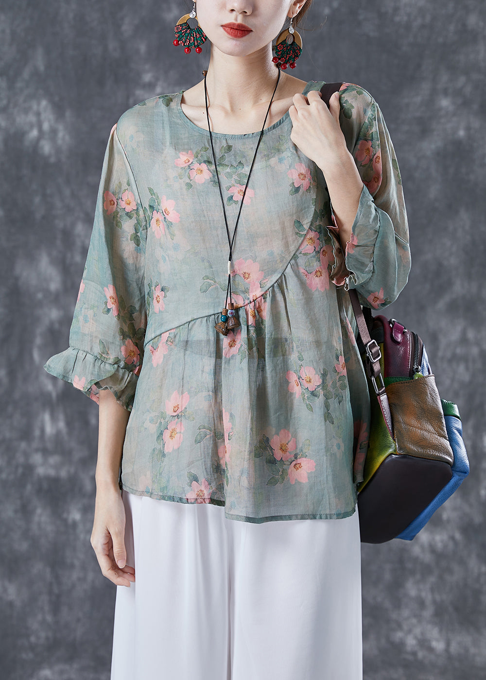 Light Green Patchwork Linen Shirt Tops O-neck Print Bracelet Sleeve