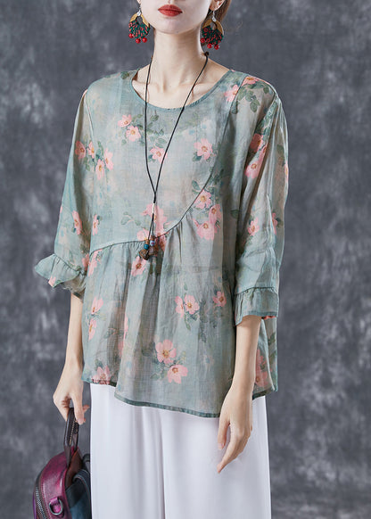 Light Green Patchwork Linen Shirt Tops O-neck Print Bracelet Sleeve