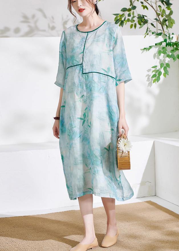 Light Green Patchwork Print Summer Ramie Dresses Half Sleeve