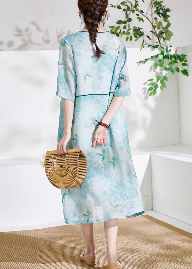 Light Green Patchwork Print Summer Ramie Dresses Half Sleeve
