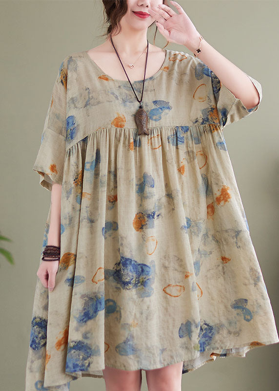 Light Green Print Patchwork Linen Loose Dress O-neck Short Sleeve