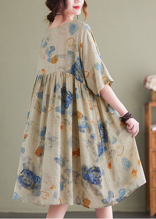 Light Green Print Patchwork Linen Loose Dress O-neck Short Sleeve