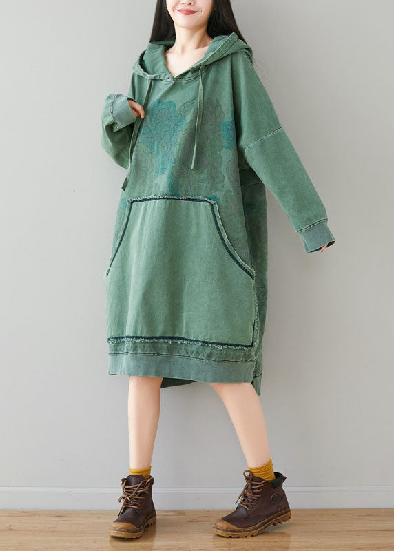 Light Green Sweatshirt Dresses Hooded Drawstring Pockets Spring