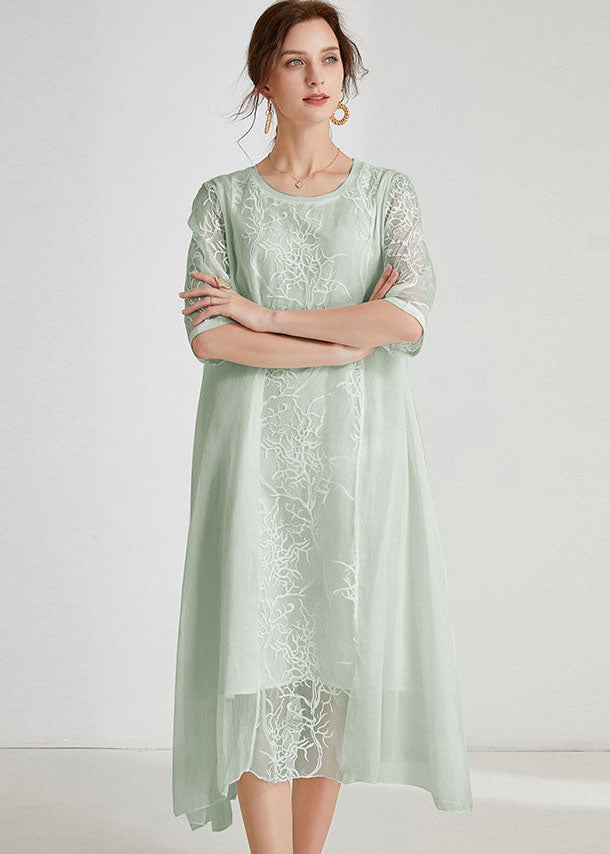 Light Green Asymmetrical Design Chiffon Dress Embroideried Half Sleeve