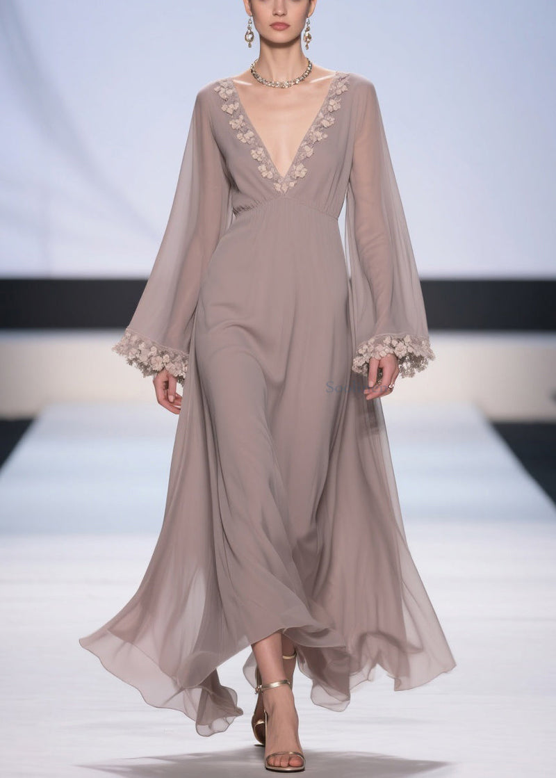 Light Grey Lace High Waist Chiffon Robe Dresses V Neck