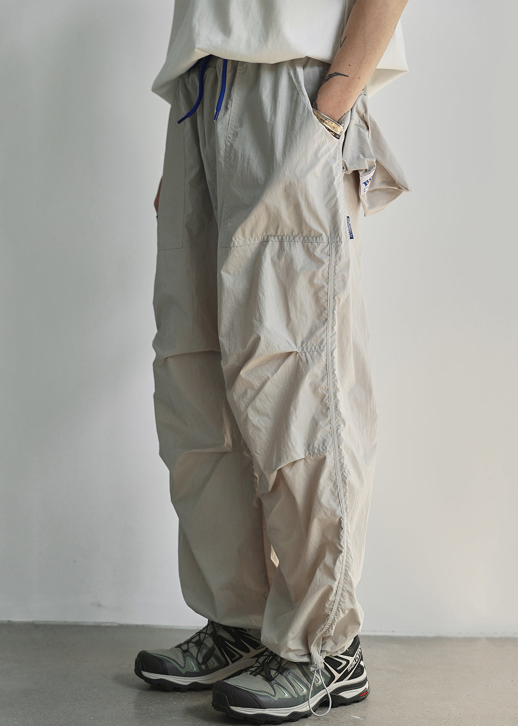 Light Grey Pockets Cotton Summer Pants Elastic Waist