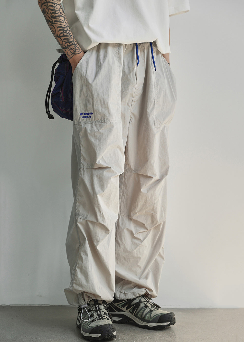 Light Grey Pockets Cotton Summer Pants Elastic Waist