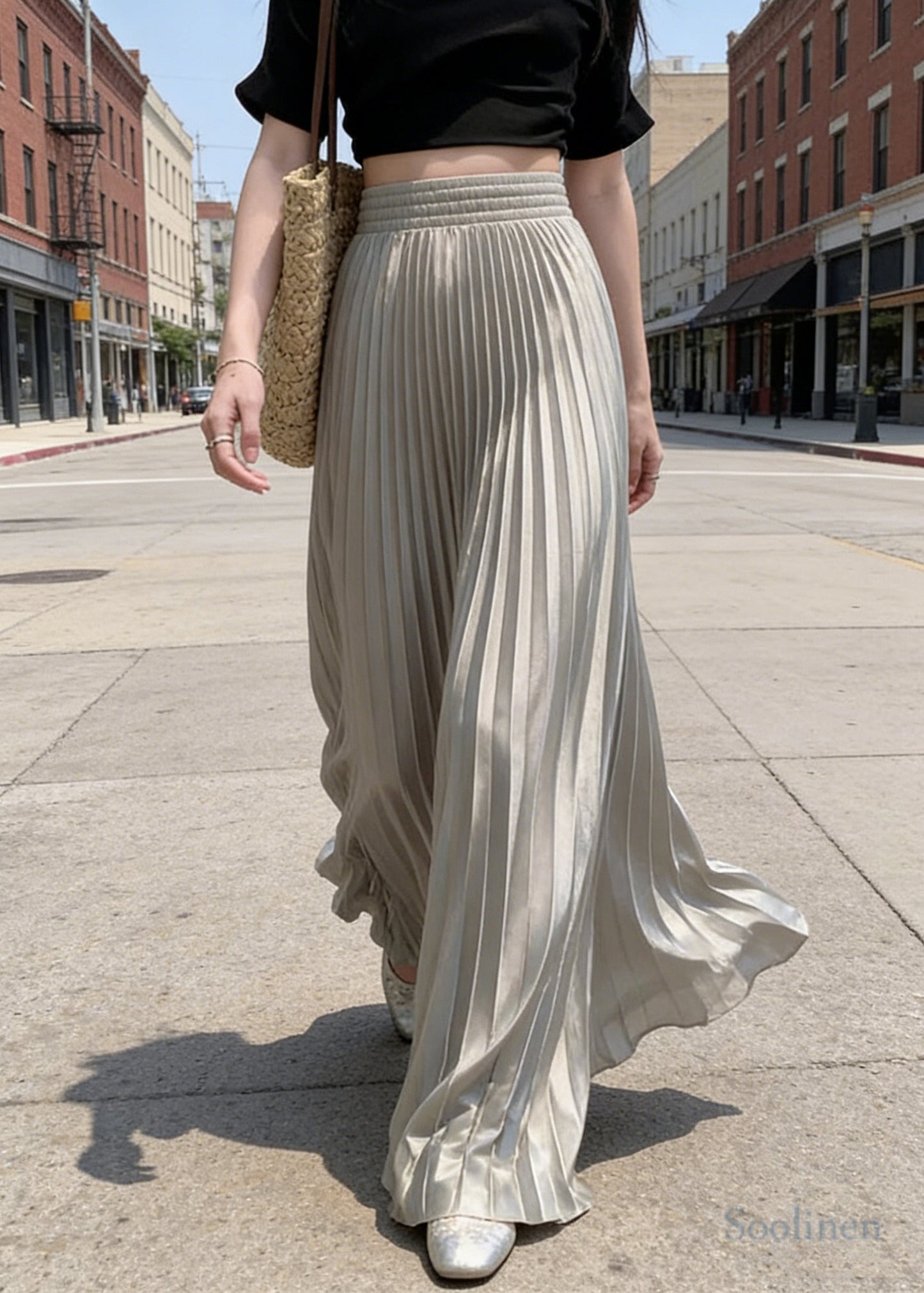 Light Grey Satin Elongate Pleated Skirt Exra Large Hem Spring