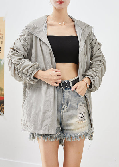 Light Grey Upf 50+ Coats Oversized Wrinkled Drawstring Fall