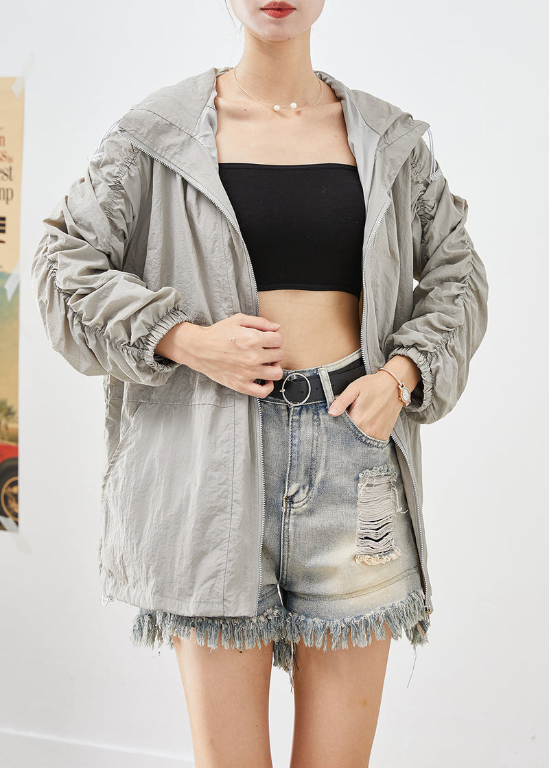 Light Grey Upf 50+ Coats Oversized Wrinkled Drawstring Fall