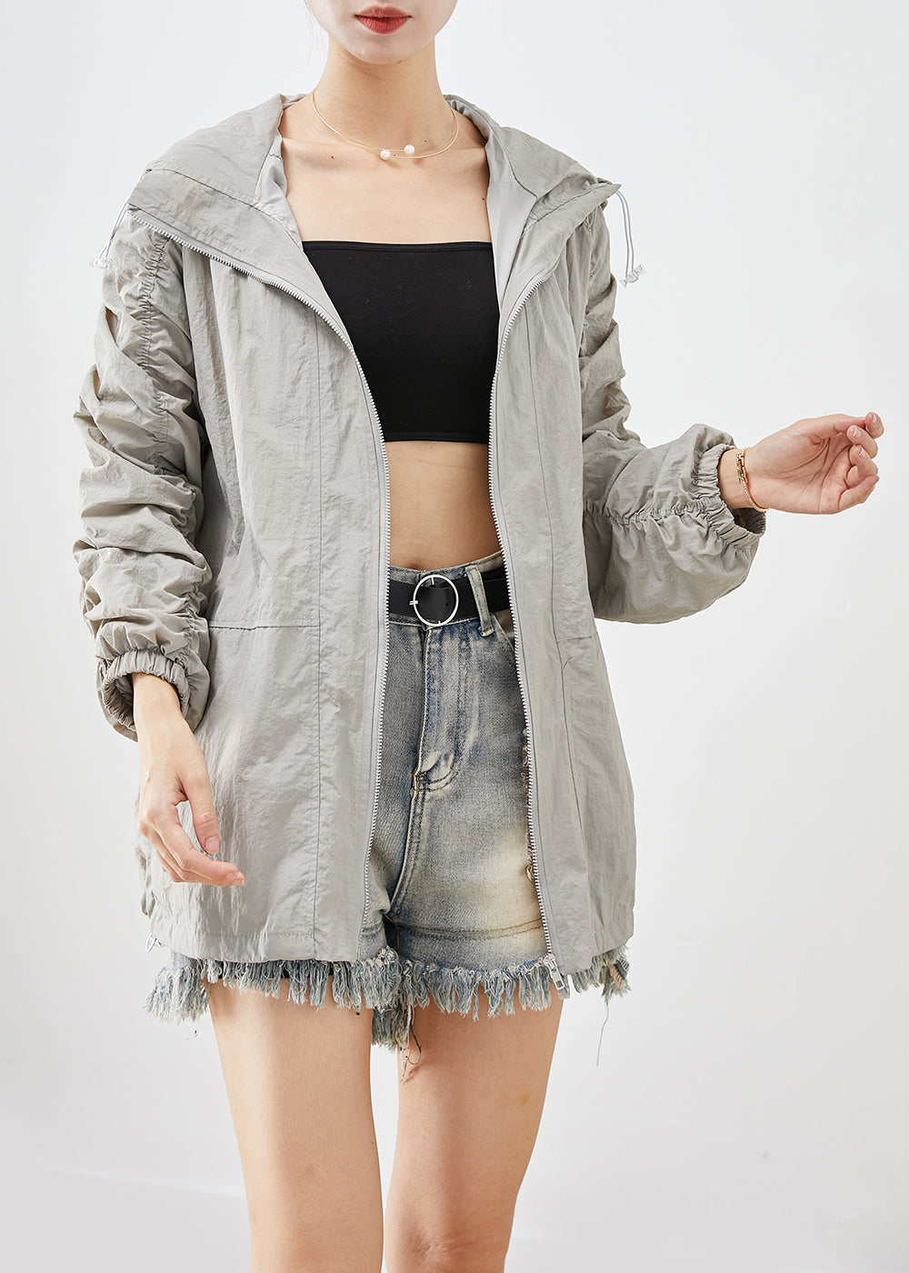 Light Grey Upf 50+ Coats Oversized Wrinkled Drawstring Fall