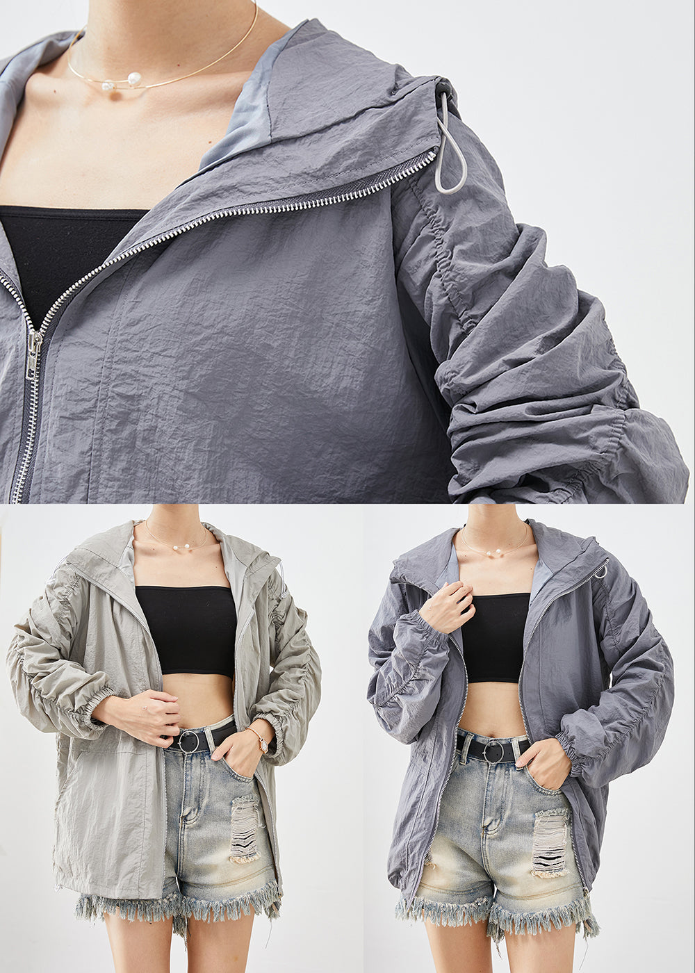 Light Grey Upf 50+ Coats Oversized Wrinkled Drawstring Fall