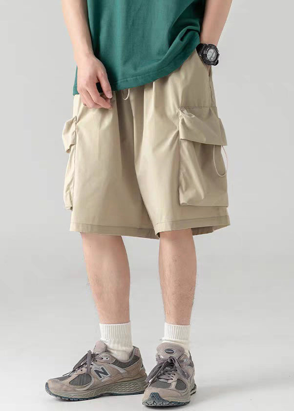 Light Khaki Drawstring Cotton Summer Shorts Elastic Waist