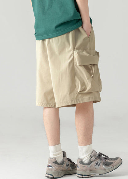 Light Khaki Drawstring Cotton Summer Shorts Elastic Waist