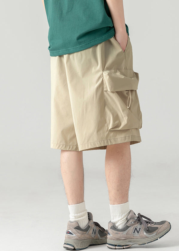 Light Khaki Drawstring Cotton Summer Shorts Elastic Waist