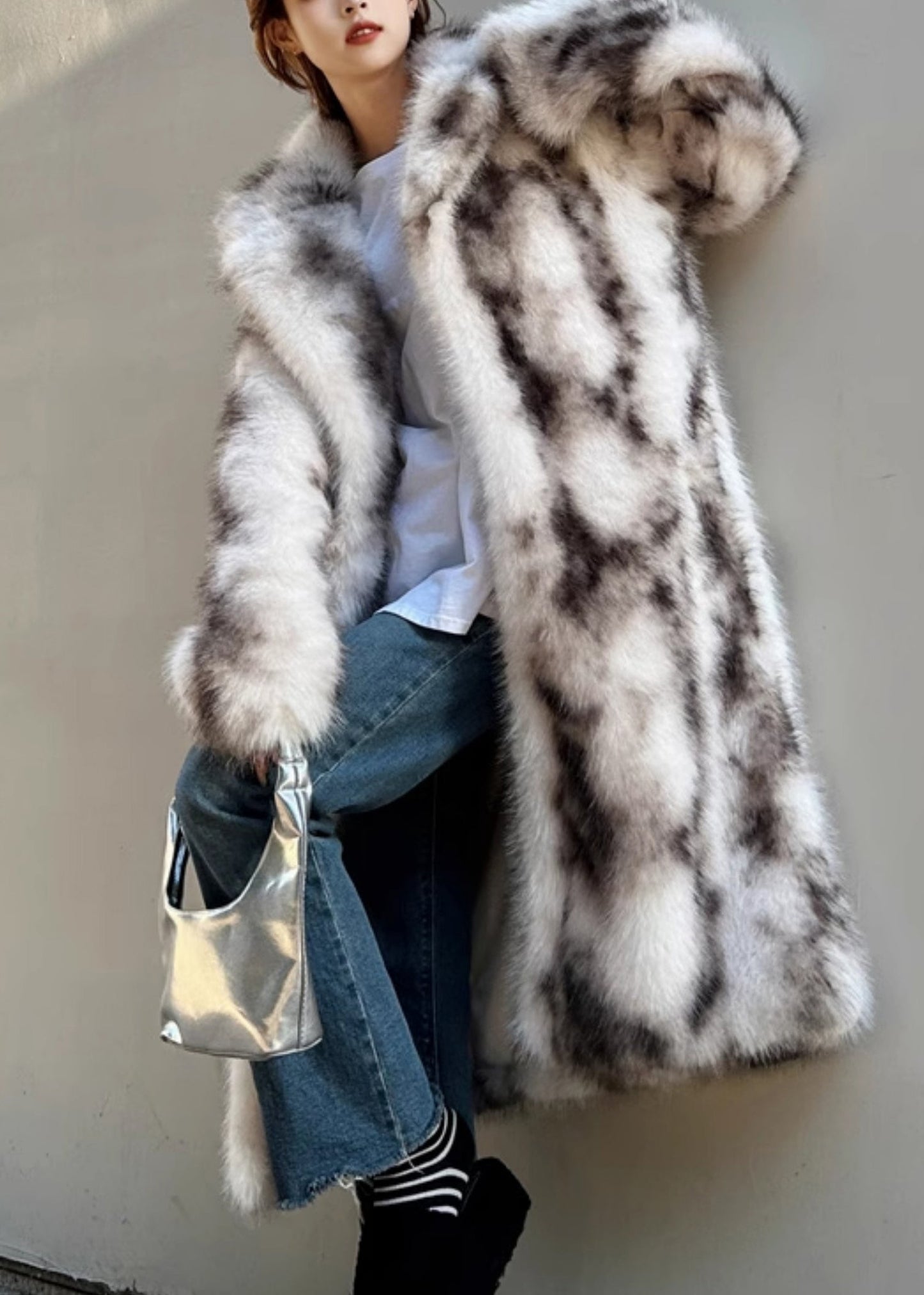 Light Pink Stand Collar Leather and Fur Maxi Coat Long Sleeve