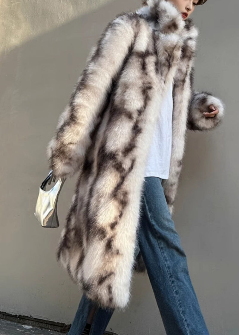 Light Pink Stand Collar Leather and Fur Maxi Coat Long Sleeve