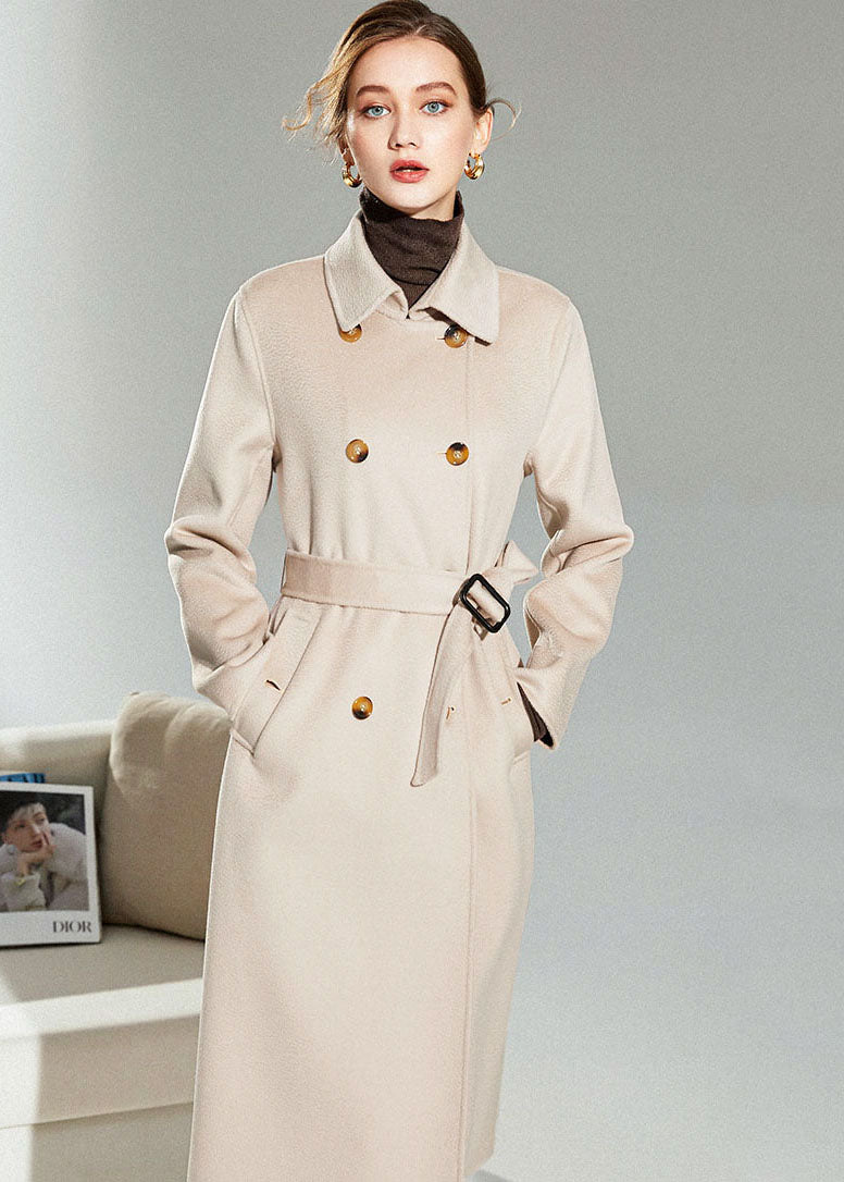 Light Pink Woolen Double Breasted Trench Sashes Winter