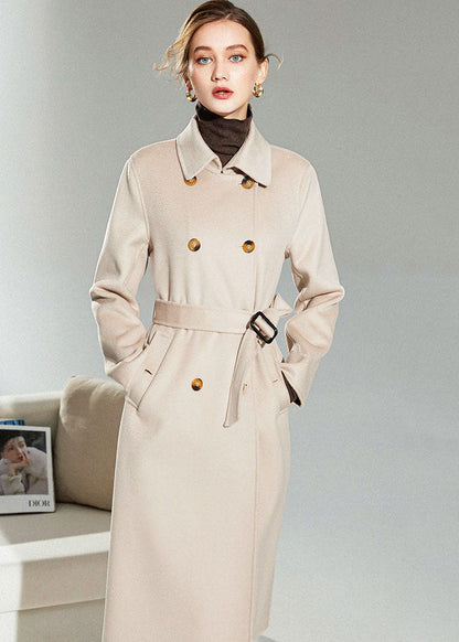 Light Pink Woolen Double Breasted Trench Sashes Winter