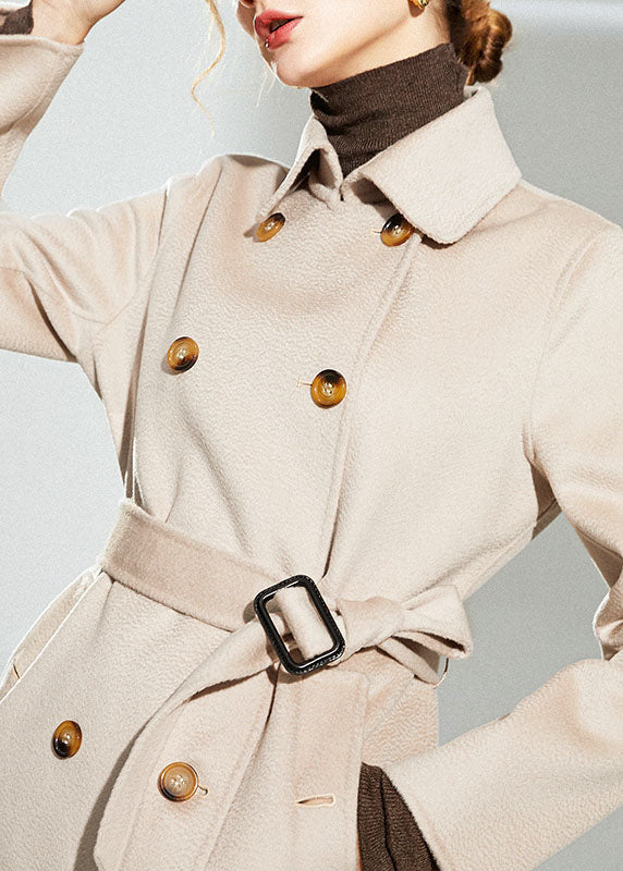 Light Pink Woolen Double Breasted Trench Sashes Winter