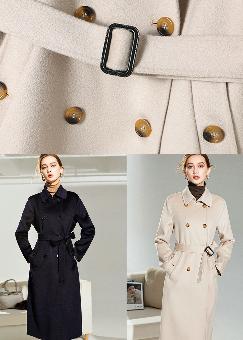 Light Pink Woolen Double Breasted Trench Sashes Winter