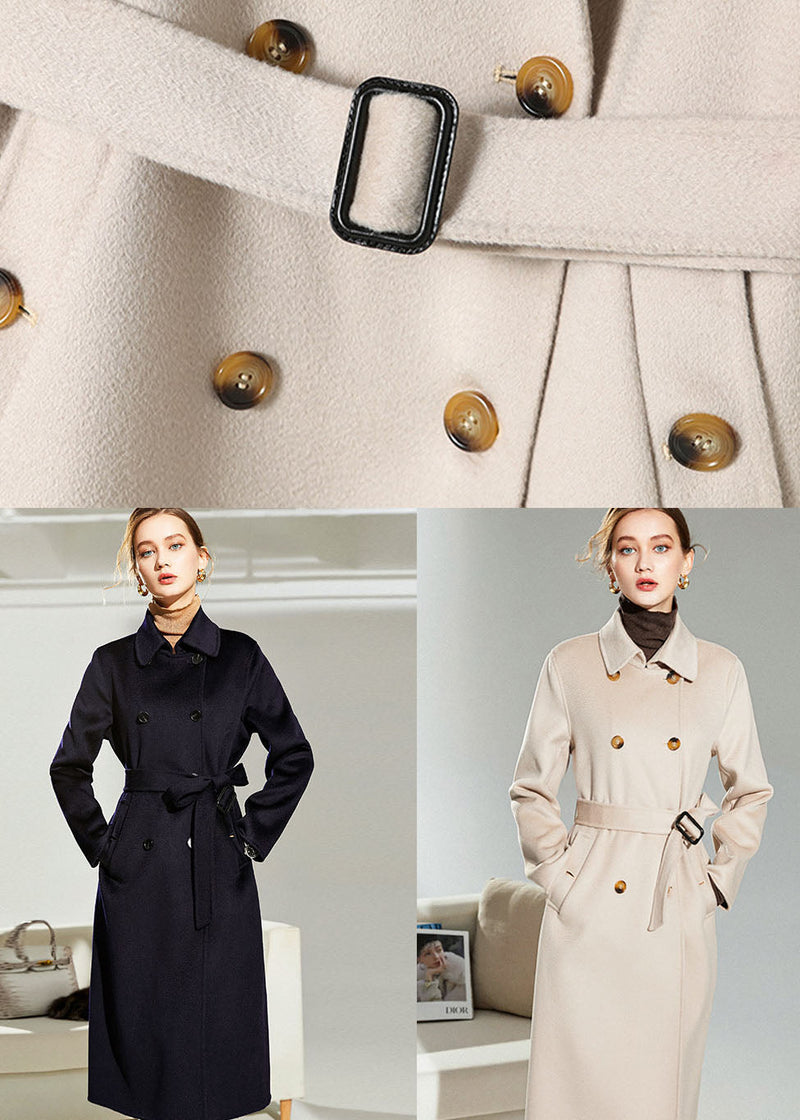 Light Pink Woolen Double Breasted Trench Sashes Winter