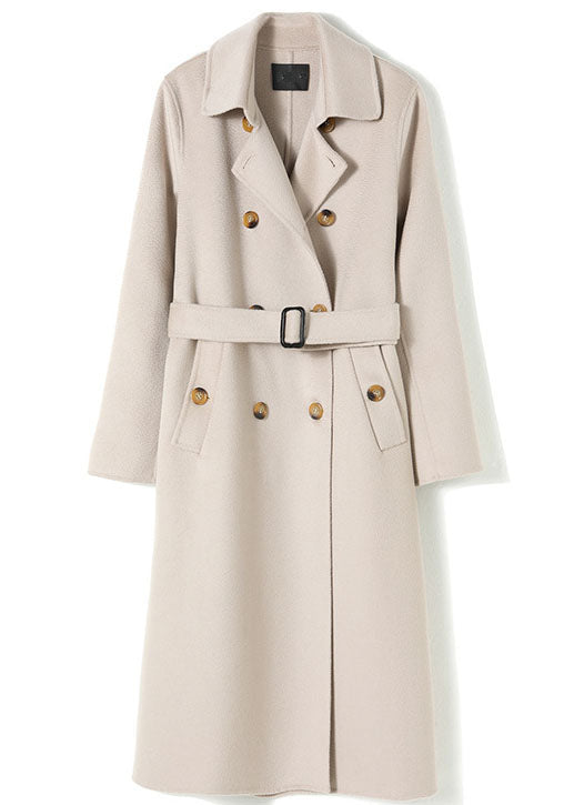Light Pink Woolen Double Breasted Trench Sashes Winter