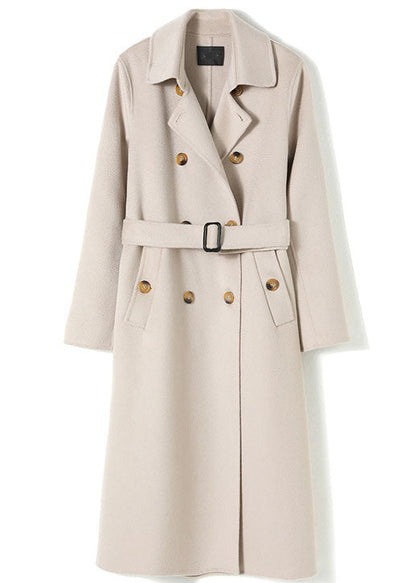 Light Pink Woolen Double Breasted Trench Sashes Winter