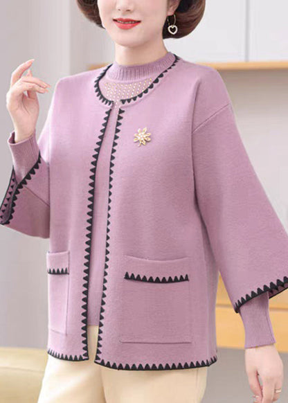 Light Purple O-neck Pockets Cotton Knit Coats and Sweaters Two-piece Set Spring