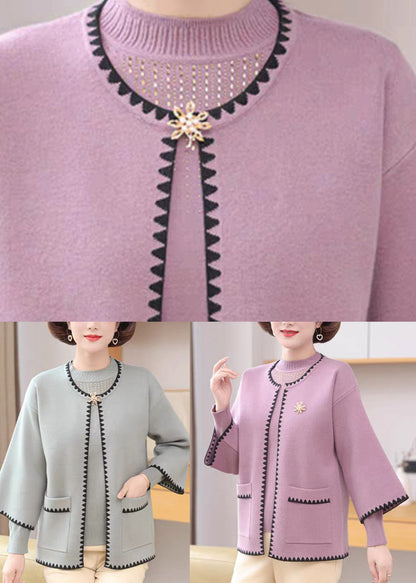 Light Purple O-neck Pockets Cotton Knit Coats and Sweaters Two-piece Set Spring