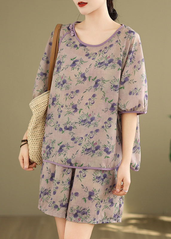 Light Purple Print Shirt and Shorts Two Pieces Set Summer