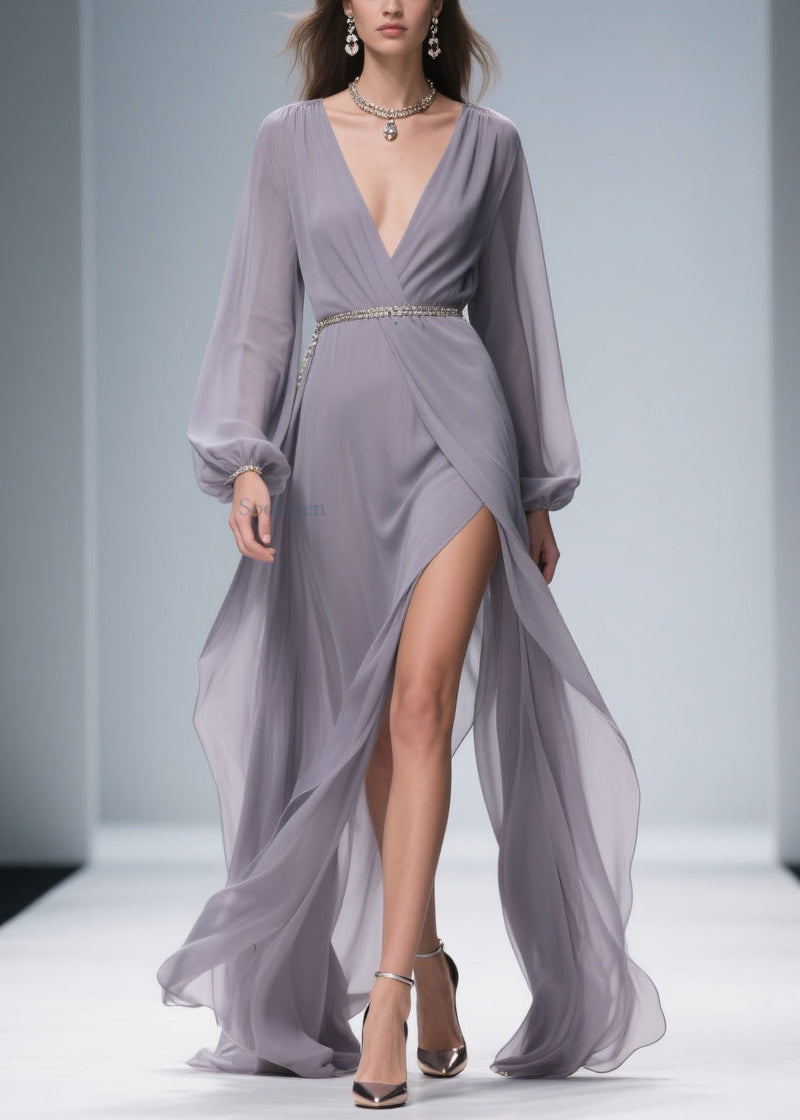 Light Purple Wrinkled Side Open Chiffon Ankle Dress V Neck