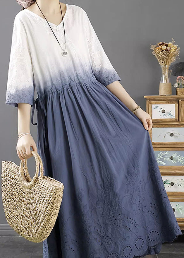 Lighy Blue V Neck Hollow Out Long a Line Dress Fall