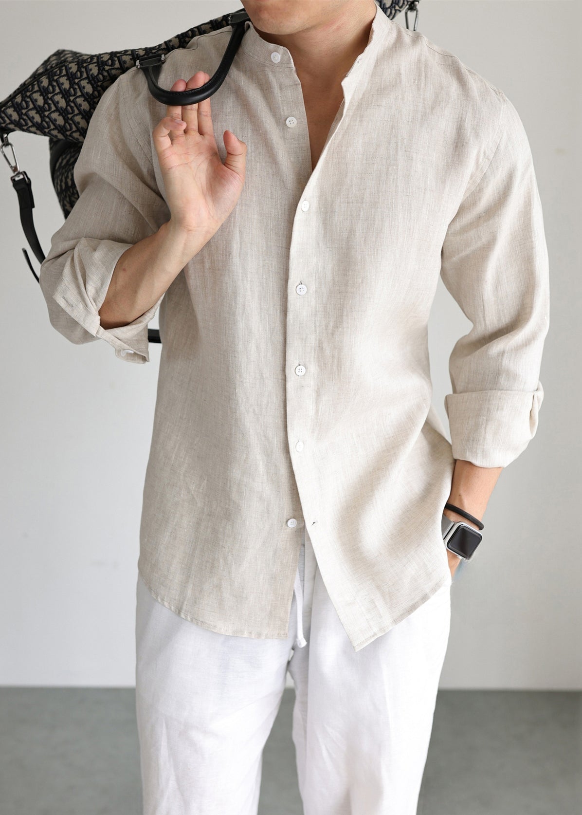 Linen Button Solid Mens Shirts Stand Collar Long Sleeve